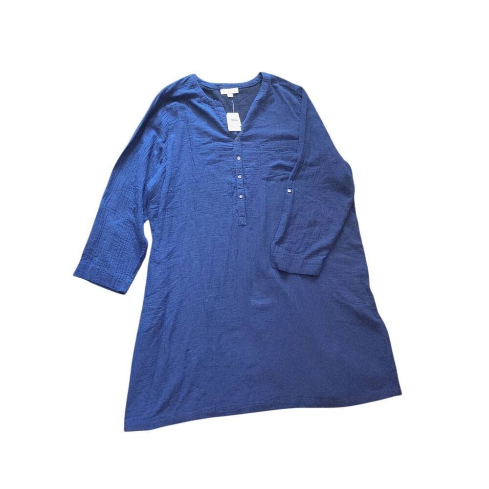 NWT J. Jill Tunic Women's 4X Blue Organic Cotton Gauze Henley Button Lagenlook